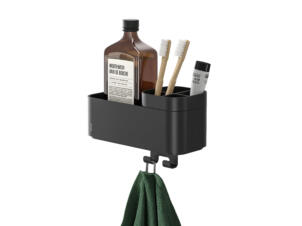 Tiger 2-Store panier de rangement avec crochet serviette et porte-brosse à dents 25cm noir mat