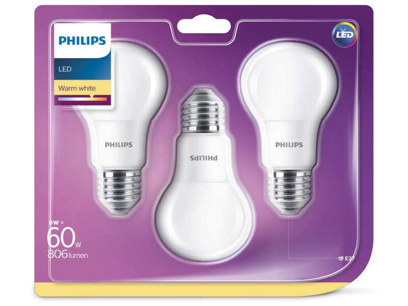 Philips Ampoule LED poire E27 8W mat 3 pièces