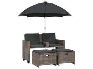 Banc de jardin avec parasol 2 places + repose-pied résine tressée gris