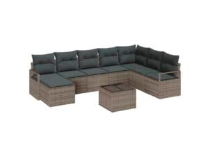Bankstel + kussen + opslag poly rattan lichtgrijs 8 stuks