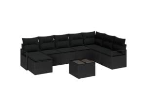 Bankstel met kussen+opslag poly rattan zwart 9 stuks
