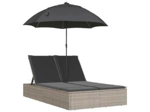Chaise longue à 2 places avec coussins et parasol rotin gris clair
