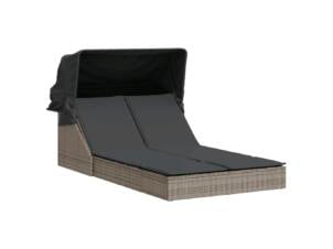 Chaise longue à 2 places et auvent et coussins résine tressée gris
