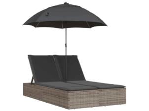 Chaise longue à 2 places et coussins et parasol résine tressée gris