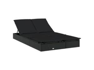 Chaise longue à deux places avec coussins résine tressée noir
