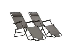 Chaise longue pliable avec repose-pied acier gris 2 pièces