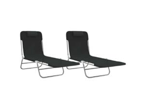 Chaise longue pliable textilène et acier noir 2 pièces