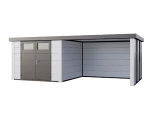 Telluria Classico Lounge L 3030 WH metalen tuinhuis 298x298x219 cm + uitbreiding met ramen rechts 345cm wit