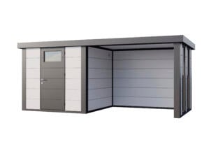 Telluria Classico Lounge S 2424 metalen tuinhuis 238x238x219 cm + uitbreiding met ramen rechts 280cm wit