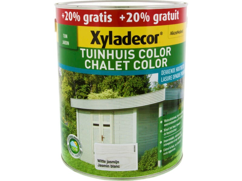 Xyladecor Color houtbeits tuinhuis 2,5l + 0,5l witte jasmijn