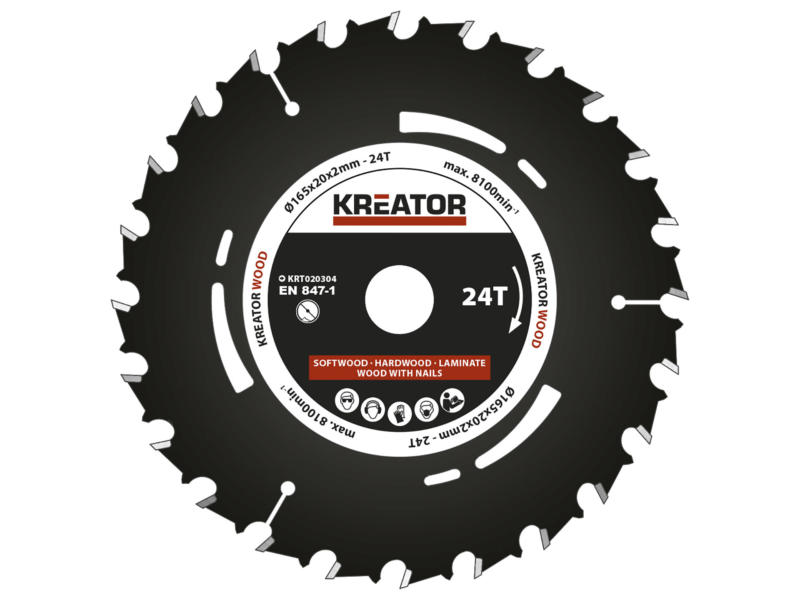 Kreator KRT020304 lame de scie circulaire 165mm 24D bois