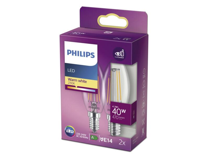 Philips LED kaarslamp filament E14 4,3W 2 stuks
