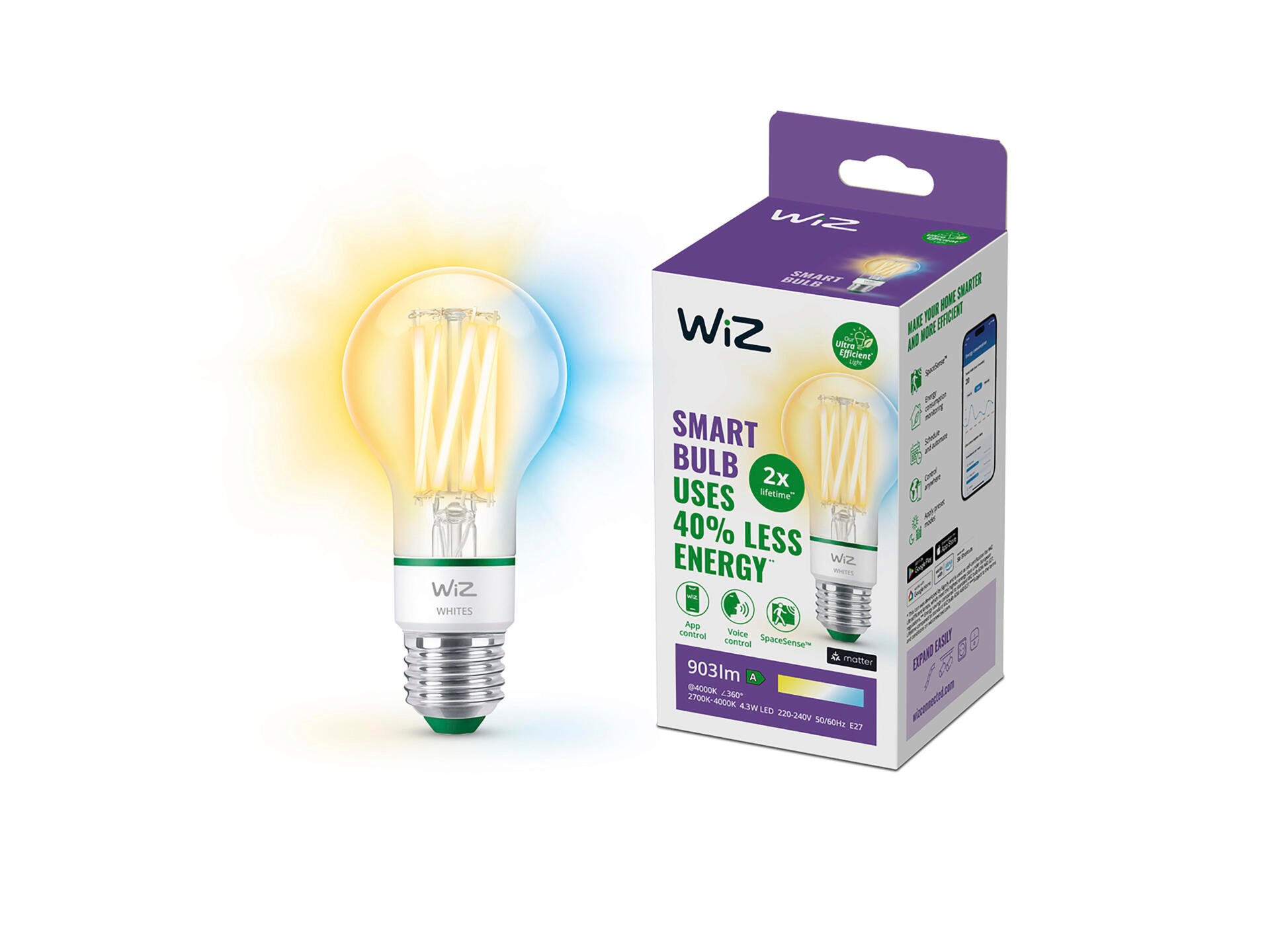 WiZ LED peerlamp filament E27 60W dimbaar