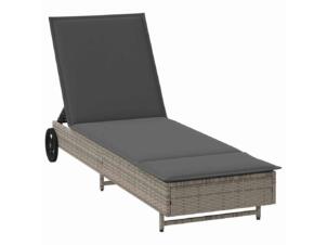 Ligbed met wielen + kussen poly rattan grijs