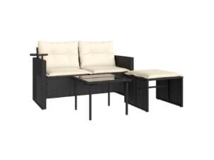 Lounge set + kussens zwart poly rattan 3-delig