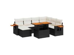 Loungeset + kussen poly rattan crèmewit/zwart 8-delig