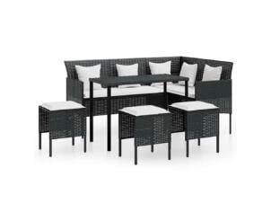 Loungeset L-vormig + kussens poly rattan zwart 5-delig