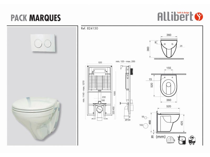 Allibert Marques pack WC suspendu + plaque de commande