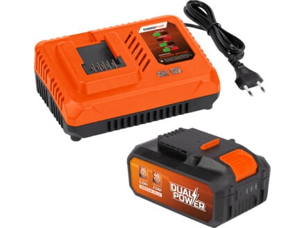 Powerplus Dual Power POWDP9064 pack de base chargeur de batterie 20V/2x20 V + batterie 2x20 V Li-Ion 2.5Ah 1