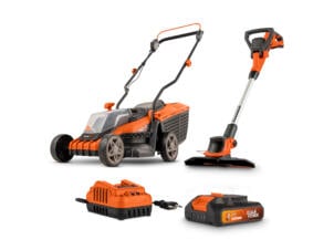 Powerplus Dual Power POWDPG75567 set d’outils de jardin tondeuse sans fil 20V Li-Ion 34cm + coupe-bordures sans fil 20V Li-Ion 24cm +chargeur