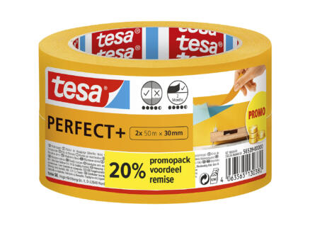 Tesa Perfect+ afplaktape 2 x 50m x 30mm geel