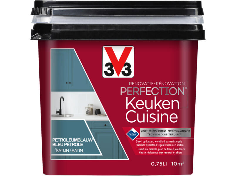 V33 Perfection renovatieverf keuken zijdeglans 0,75l petroleumblauw