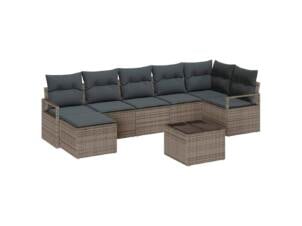 Salon de jardin avec coussins + compartiments de rangement résine tressée gris clair 8 pièces