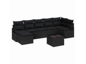 Salon de jardin avec coussins + compartiments de rangement résine tressée noir 8 pièces