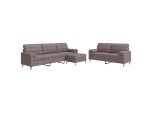 Salon de jardin avec repose-pied et coussin tissu taupe set de 3