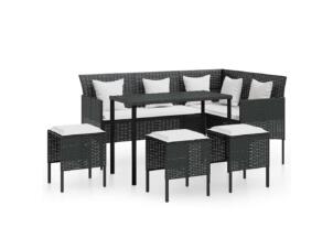 Salon de jardin en forme de L + coussins résine tressée noir set de 5