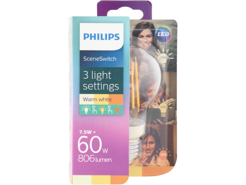 Philips SceneSwitch ampoule LED poire filament E27 7,5W