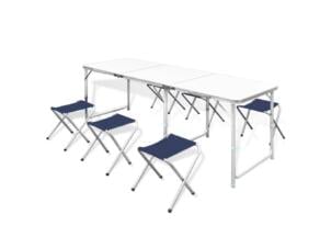 Table de camping réglable en hauteur + 6 tabourets 180x60 cm