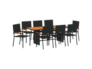 Table salle à manger résine tressée noir 9 pièces