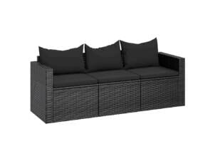 Tuinbank met kussens poly rattan zwart