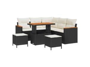 Tuinbank set + kussen zwart poly rattan 8stuks