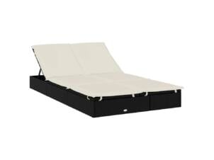 Tweepersoonsligbed met kussens poly rattan zwart