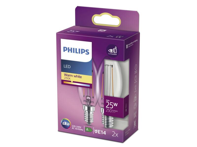 Philips ampoule LED flamme filament E14 2W 2 pièces