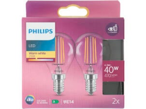 Philips ampoule LED globe filament 4,3W (40W) E14, 2 pièces