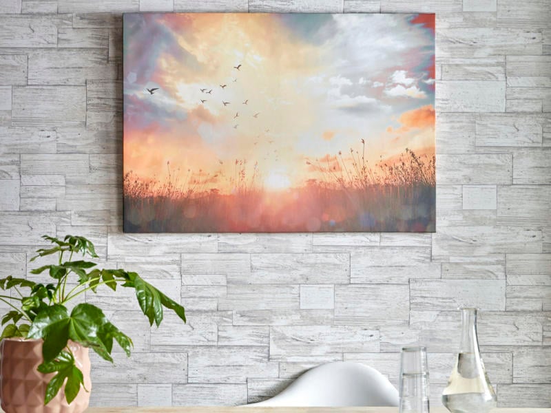 Art for the Home canvasdoek 100x70 cm zonsondergang in weide
