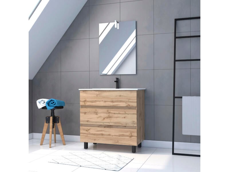 Aurlane meuble salle de bain set 80cm avec vasque et miroir chêne | Hubo