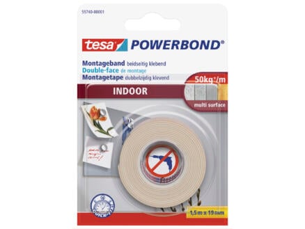 Tesa montagetape binnen 1,5m x 19mm wit