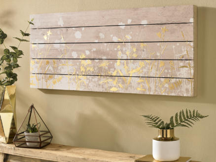 Art for the Home print op hout panorama 100x40 cm botanisch wit/goud