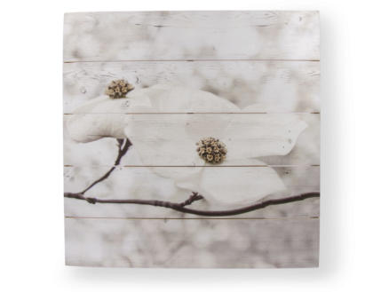 Art for the Home print op hout vierkant 60x60 cm bloesem wit/grijs 1